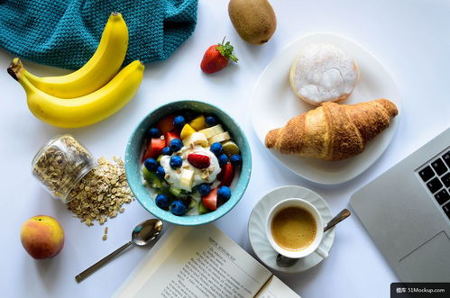 食品 早餐 自上而下 水果 碗 面包 美食摄影图片